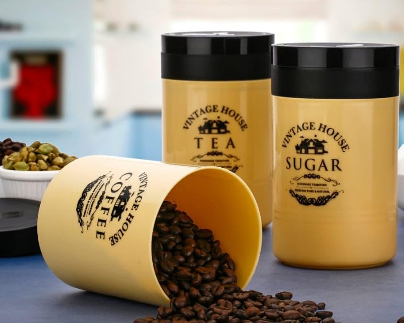 5736 Accurate Seal Tea Sugar Coffee Container - 3 Pcs Plastic Damru Shaped Tea, Coffee, Sugar Canisters Jar, New Airtight Food Seal Containers for Salt, Dry Fruit, Grocery Multicolor (3 Pcs Set)