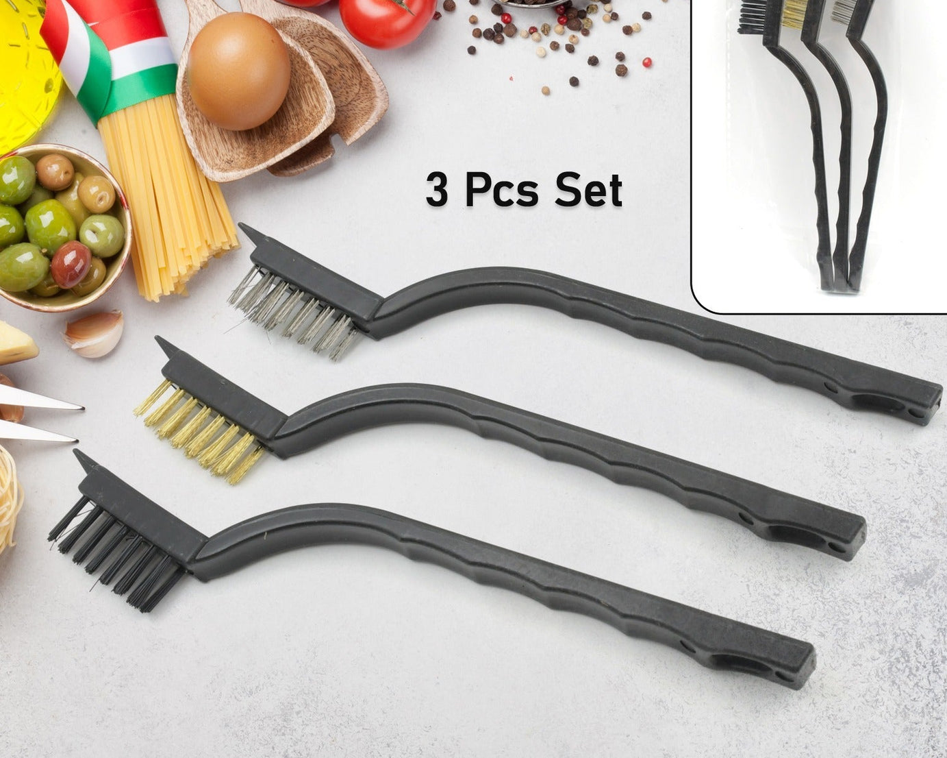 Mini Wire Brush Set Brass Nylon Stainless Steel Bristles Household Cleaning Brush for Gas Stove, Smoke Machine Tool Burner Tiles Tap Rust Removal Welding Slag Dirt & Paint Scrubbing (3 Pcs Set)