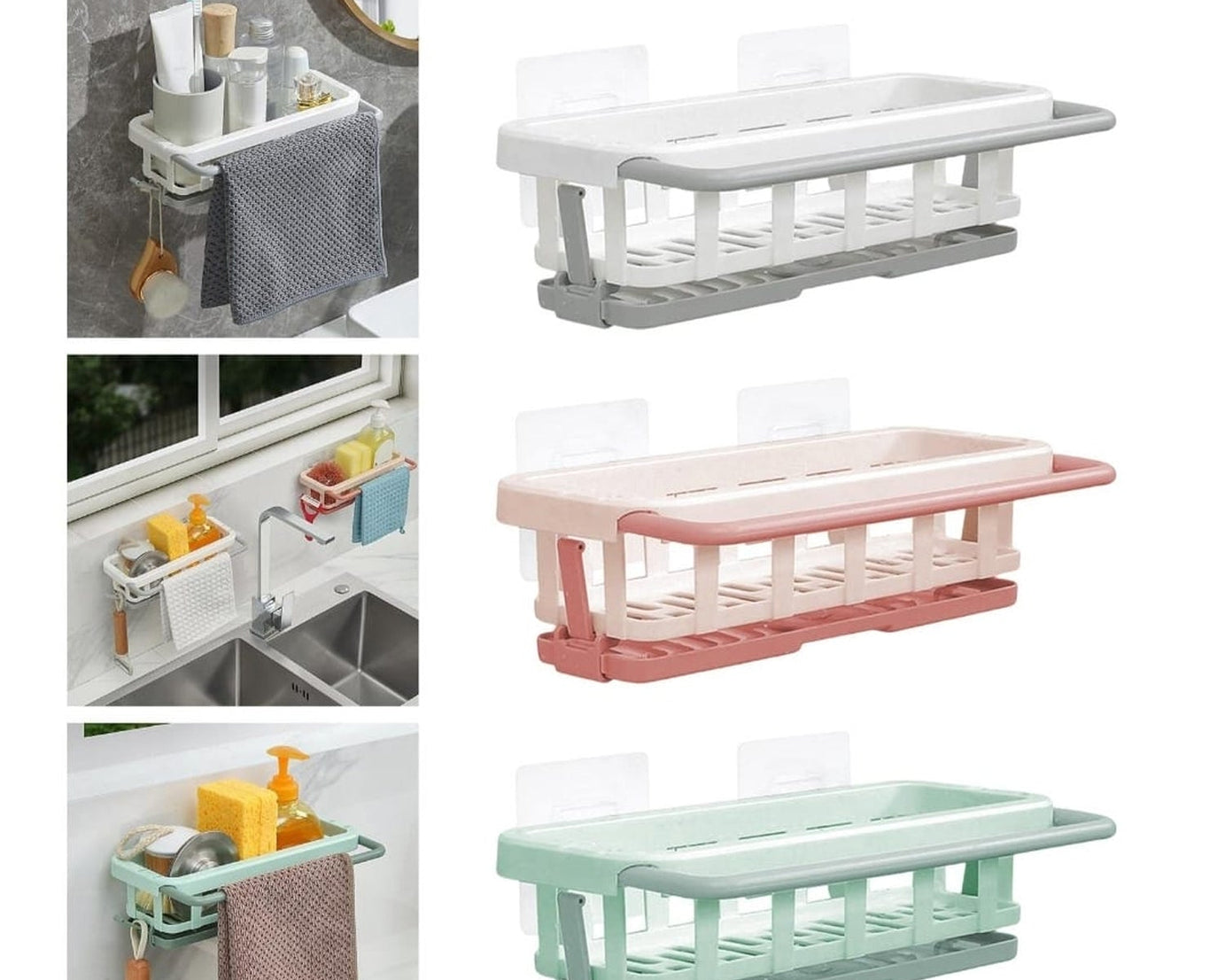 Multipurpose Platic Hanging Drain Rack Retractable Sponge Storage Hanging Rack With Adhesive Hook for Kitchen and Bathroom Dishcloth Holders Basket Drying Tray Organizer