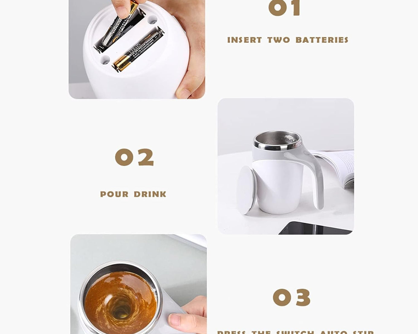 Stirring Coffee Mug | Magnetic Stirring Coffee Cup | Stainless Steel Mug for Milk | Travel Mixing Cup | Self Stirring Coffee Mug, Suitable for Coffee / Milk / Hot Chocolat | Battery Operated ( Battery Not Included)