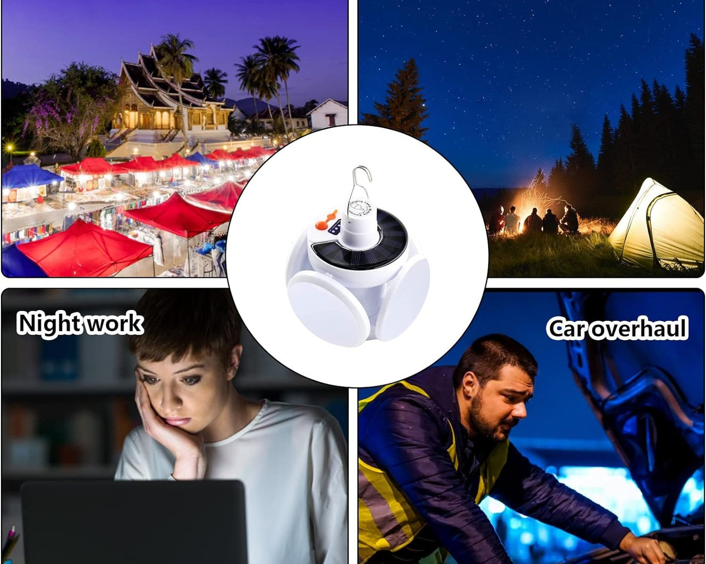 Solar Multi-Functional Emergency LED Light Bulb with USB Charging, LED camping lamp, camping lamp, USB rechargeable, 5 brightness light modes, foldable camping light, SOS IP65 waterproof camping light, blackout emergency equipment, camping gadgets