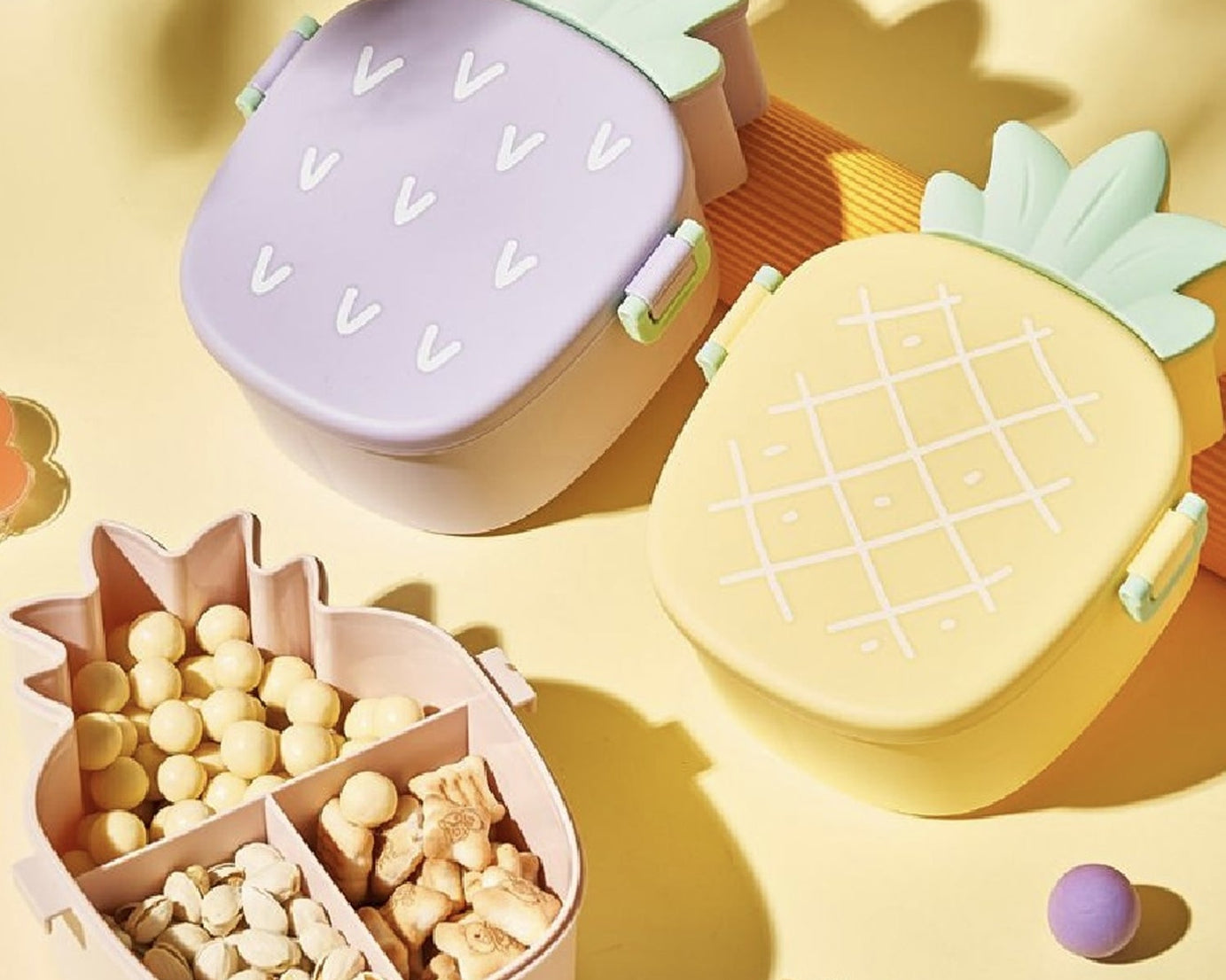 Kids Lunch Box Cute Pineapple Shaped Bento Box with Fork Spoon Snack Candy Container Microwave Portable Office Lunch Box (1 Pc / With Spoon, Fork & Color Box)