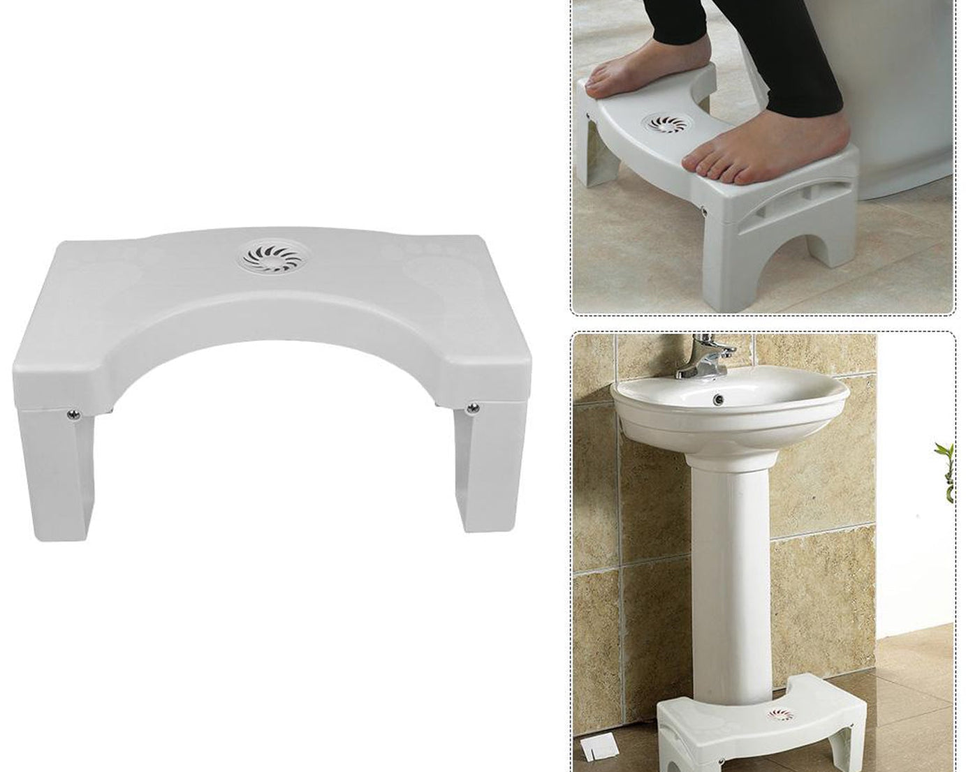 White plastic folding toilet squat stool with non-slip design.