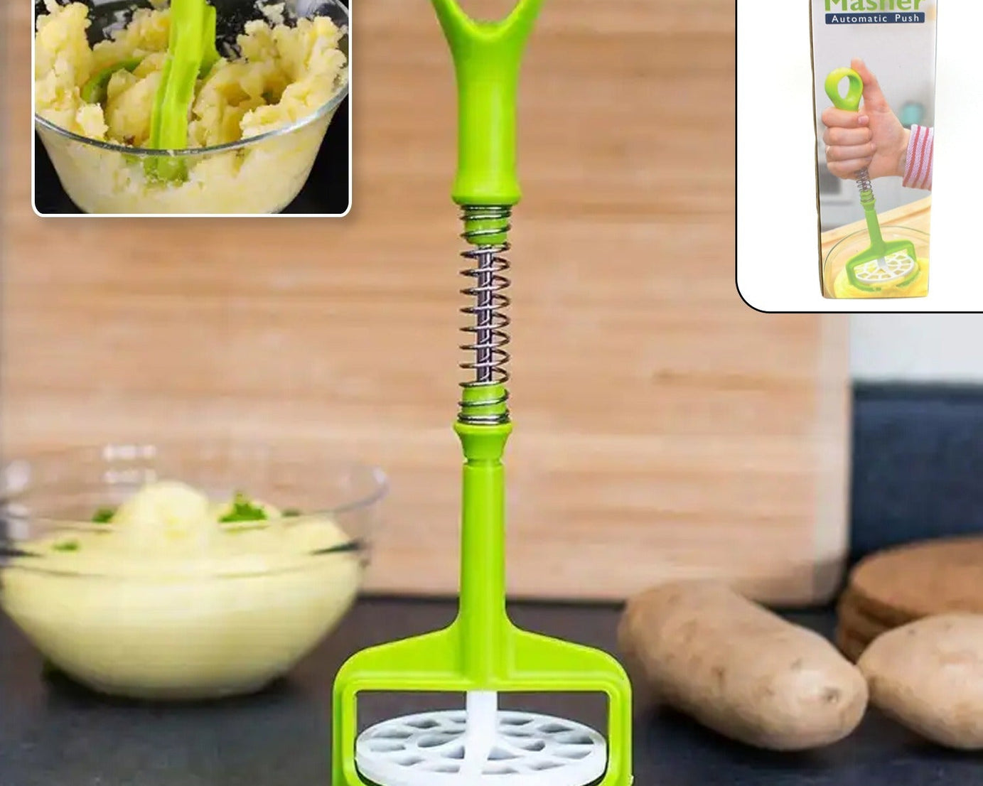 Multi Functional One-Handed Plastic Manual Mashed Potatoes Masher, Mash Sweet Potato Masher with Comfort Grip and Stainless-Steel Spring Design for Nonstick Pans (1 Pc)