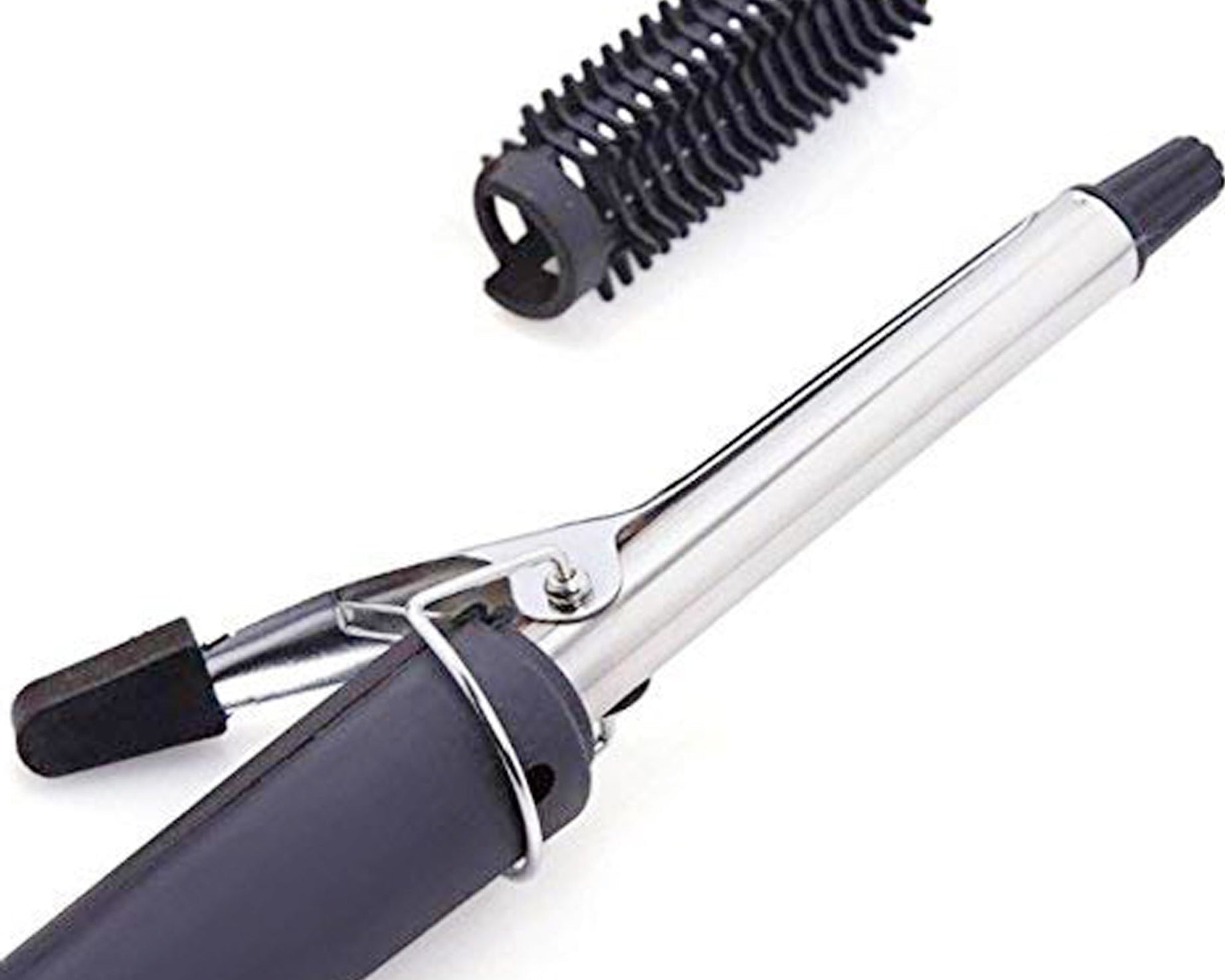 Professional hair curling rod with ergonomic handle.