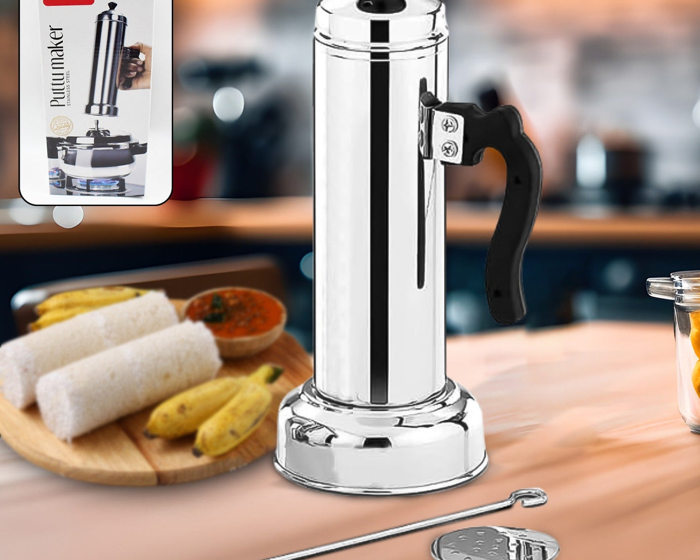 Puttu maker with metal stick and plastic handle