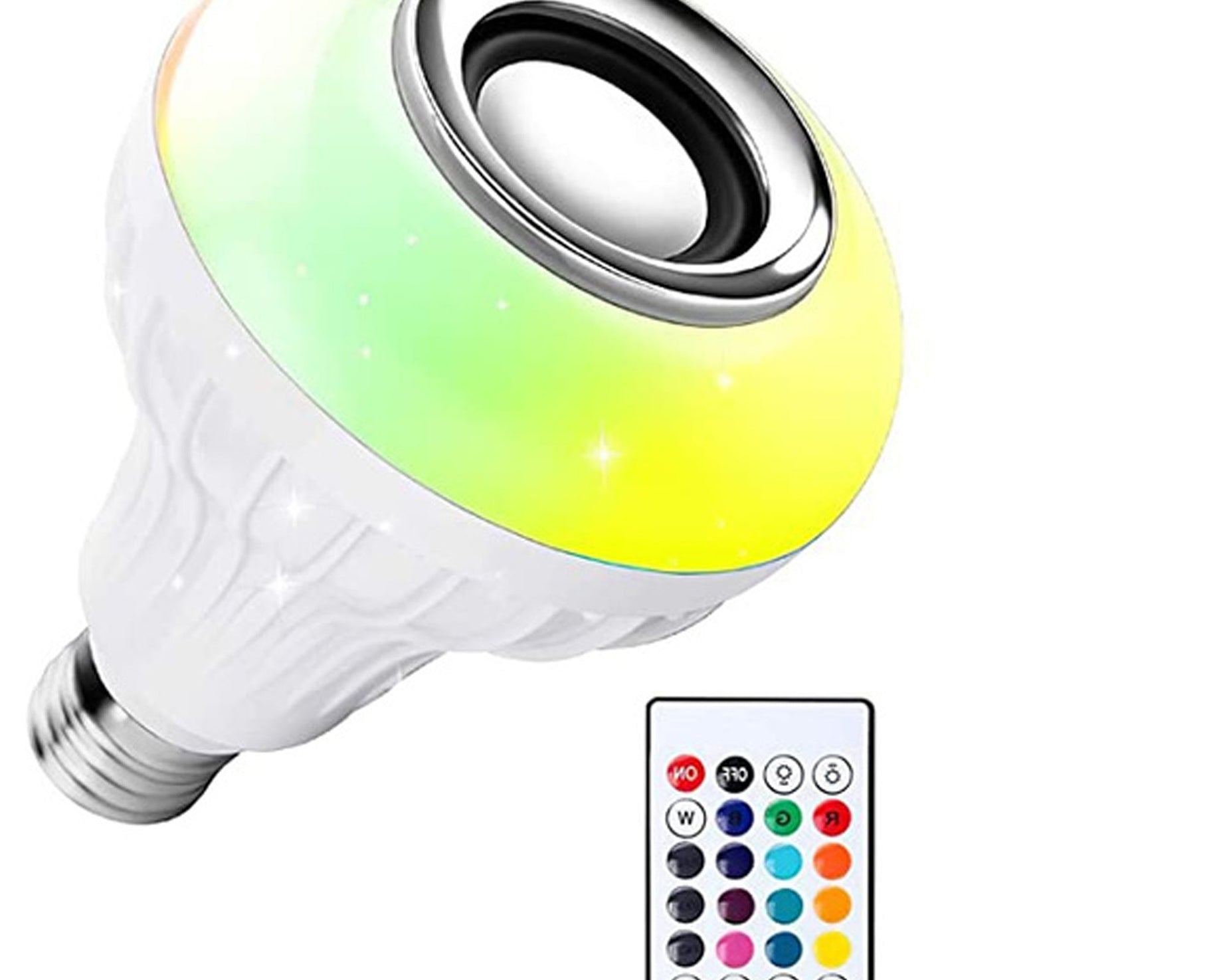 LED bulb with music sensor and remote control for multicolor lighting.