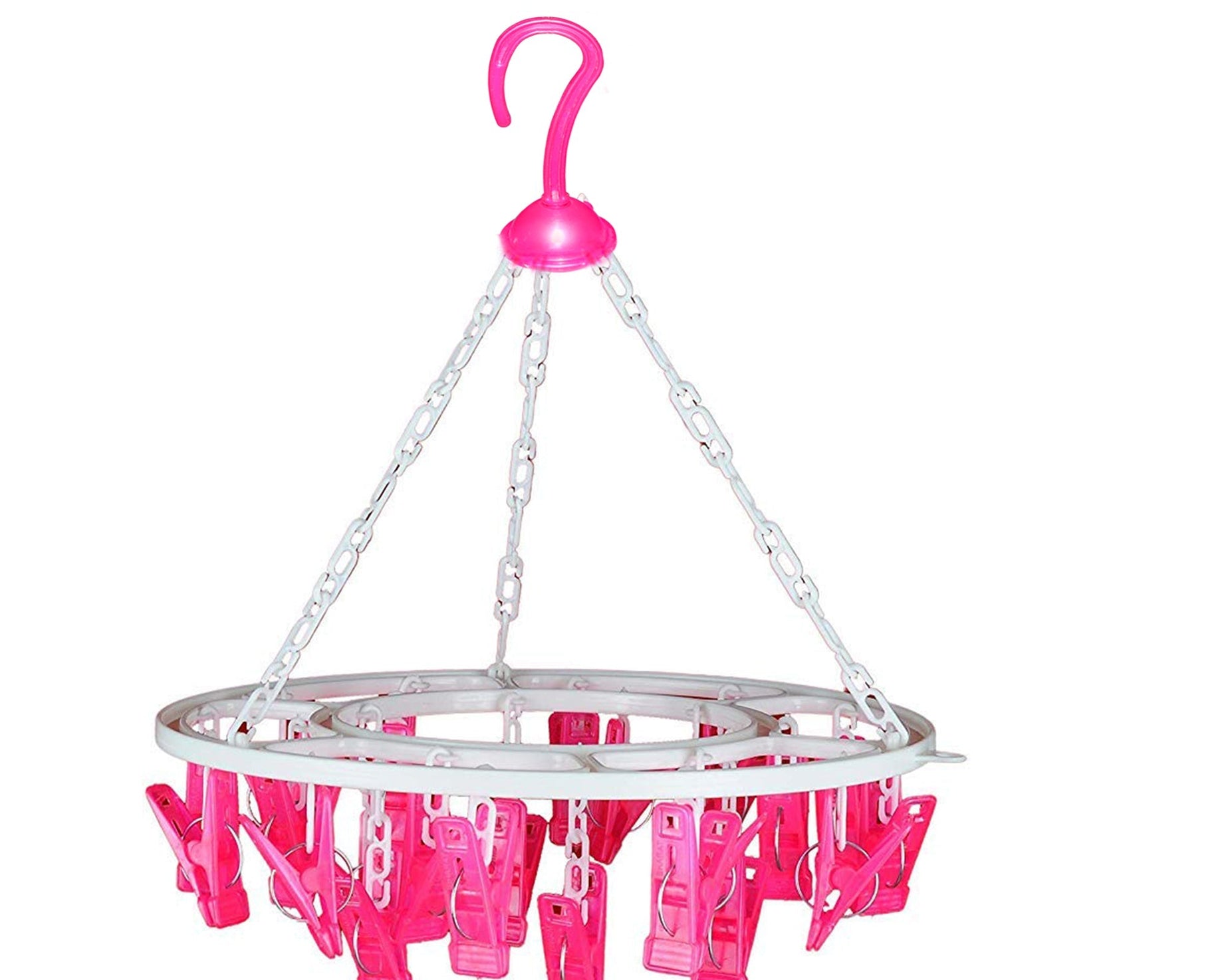 Round drying stand with 24 multicolour clips for hanging clothes.