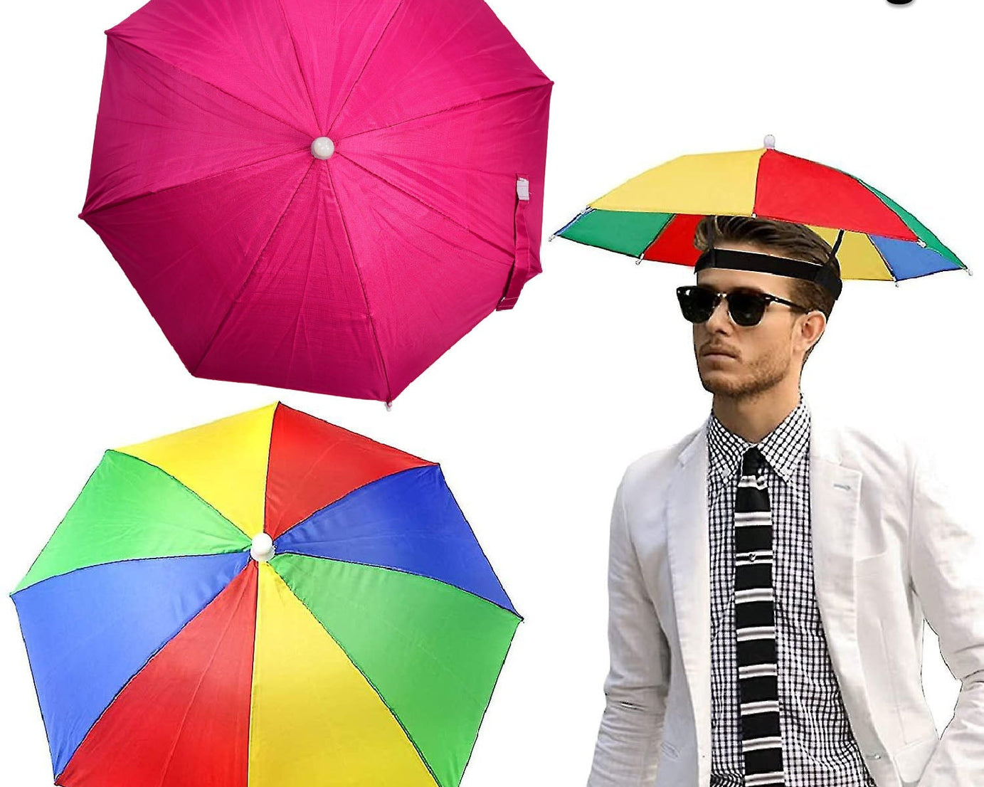 Umbrella hat, hands-free, for sun and rain protection.