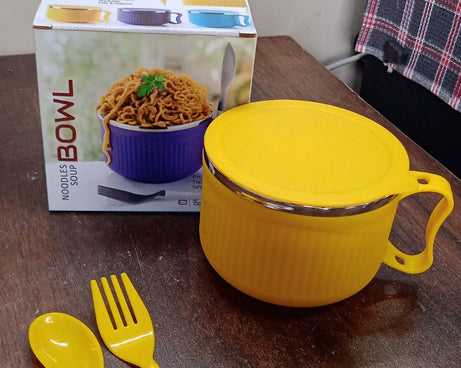 Set of colorful bowls with handles and lids, perfect for breakfast, fruits, ramen, and snacks. Dishwasher safe.