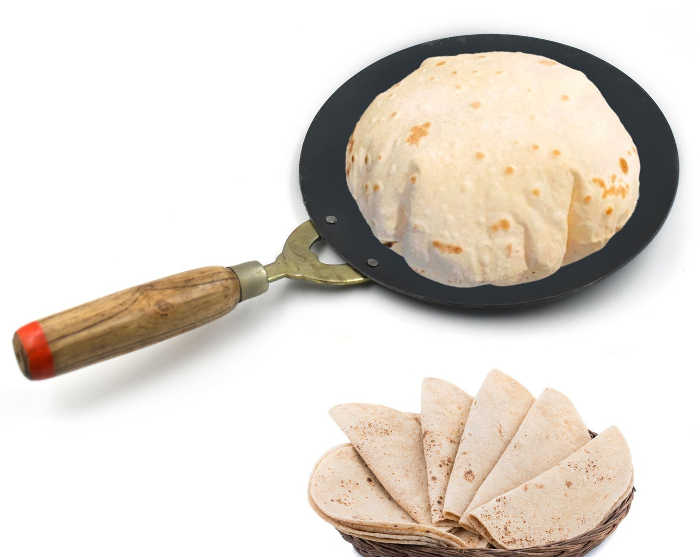 Wooden handle tawa for cooking rotis and parathas, nonstick and durable.