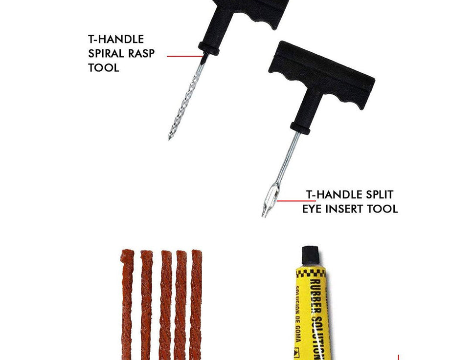 Puncture repair kit with rubber cement and tools