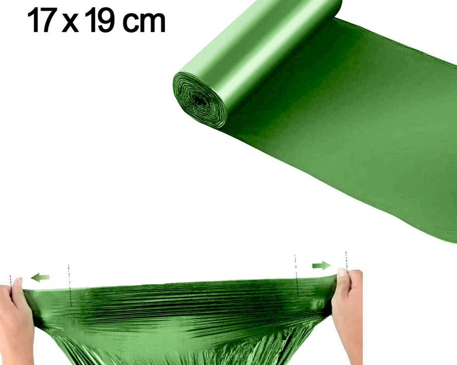 Green corn starch trash bags for biodegradable waste disposal.