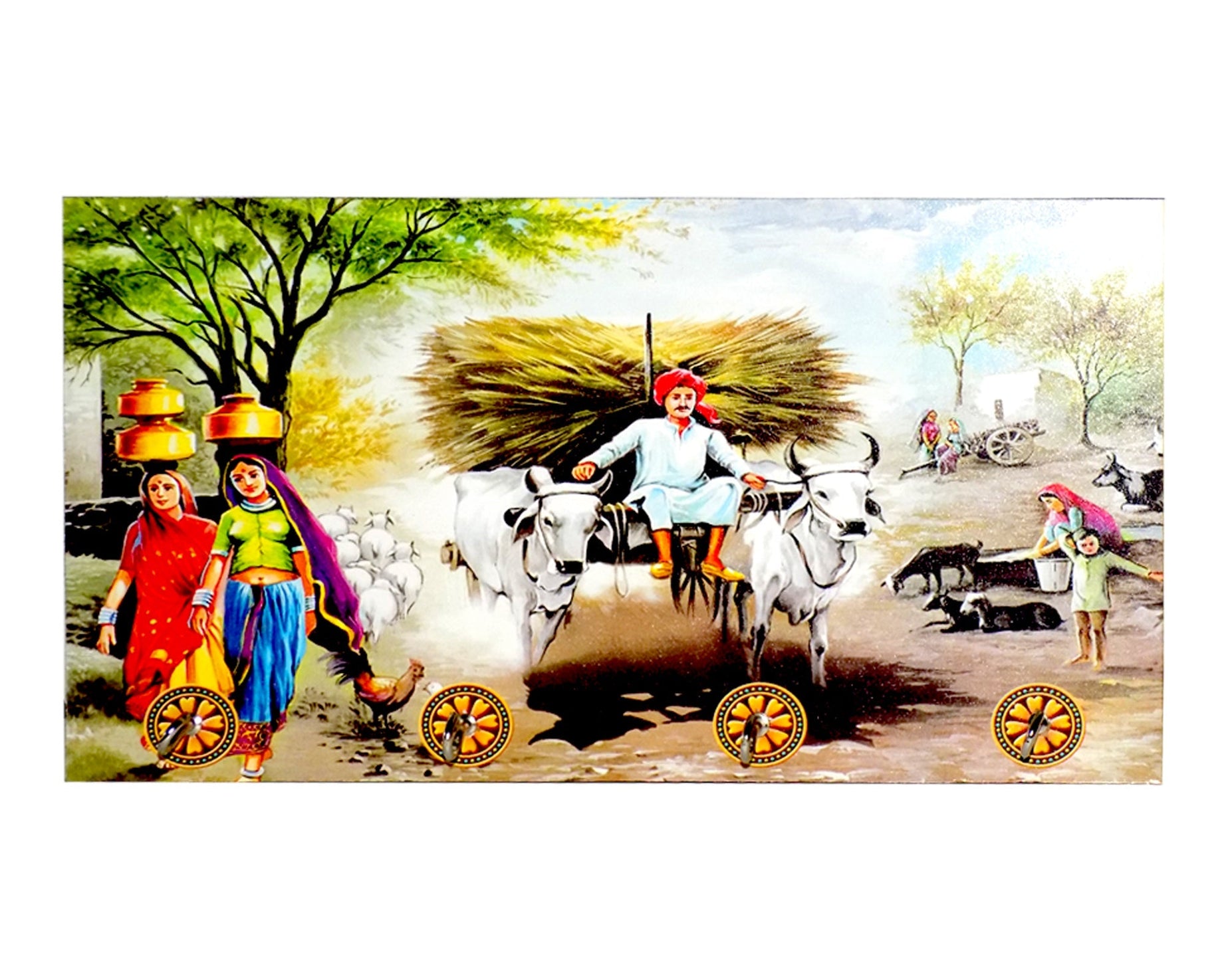 Landscape-themed wooden wall hanging with hooks.