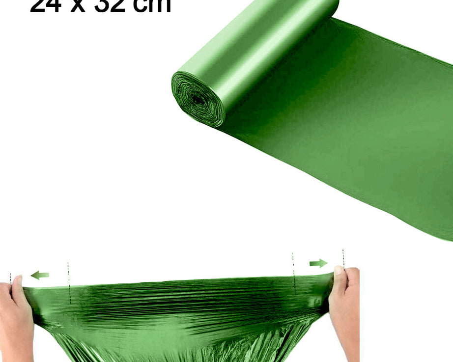 Biodegradable green garbage bags for sustainable waste management.