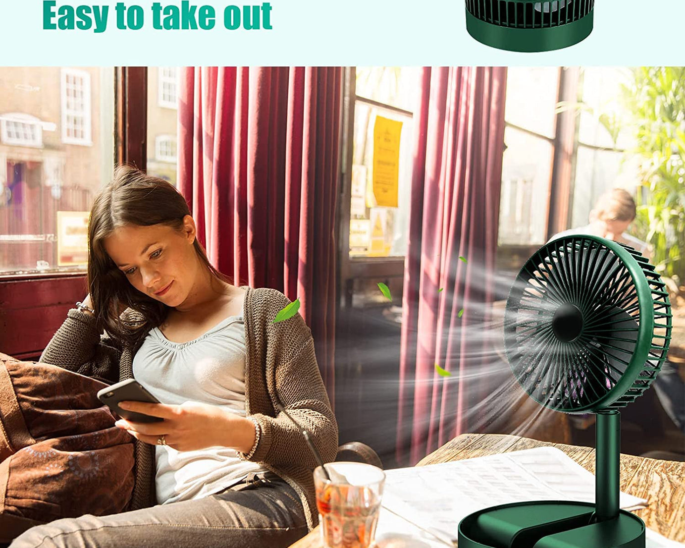 Height-adjustable fan with foldable design.