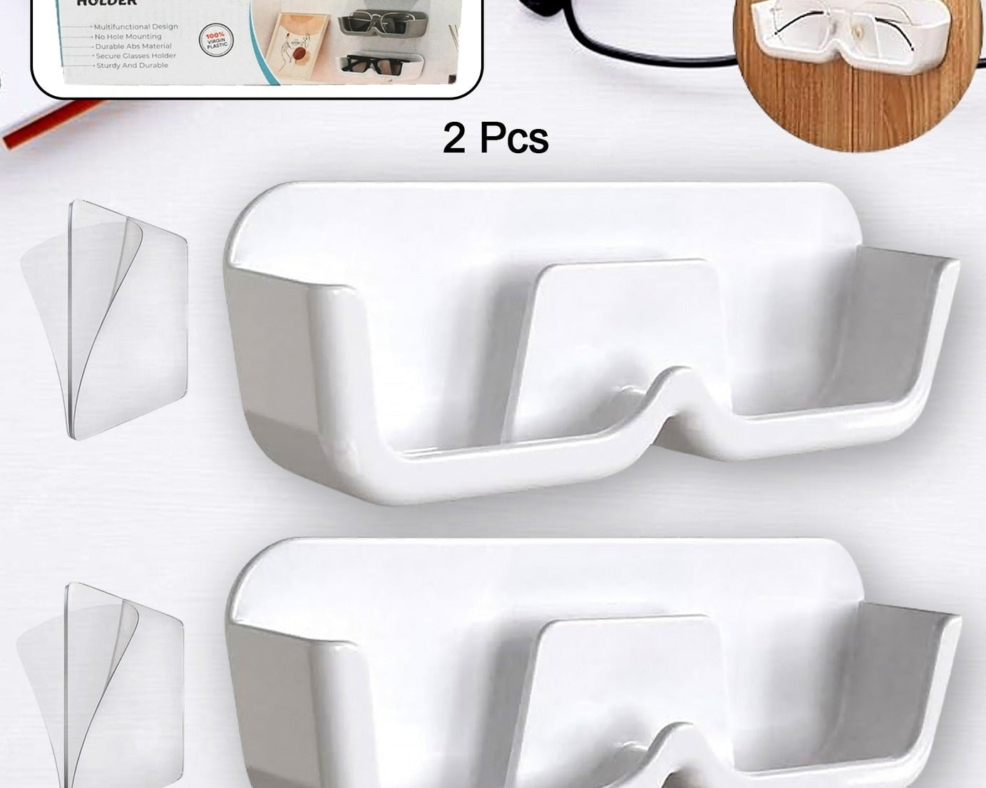 Wall Mount Sunglass Organizer Simple Space Saving Glasses Storage Box Eyewear Stand Holder for Showcase Bedroom Apartment With 2 pc Double Sided Adhesive Sticker (2 Pcs Set)