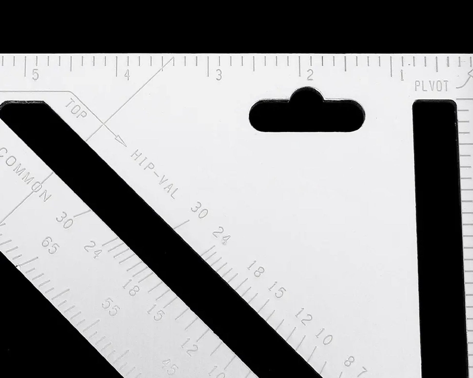 Compact double-sided measurement tool, triangle shape.