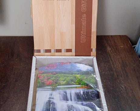 Elegant vertical wooden scenery art with hooks for wall decor.