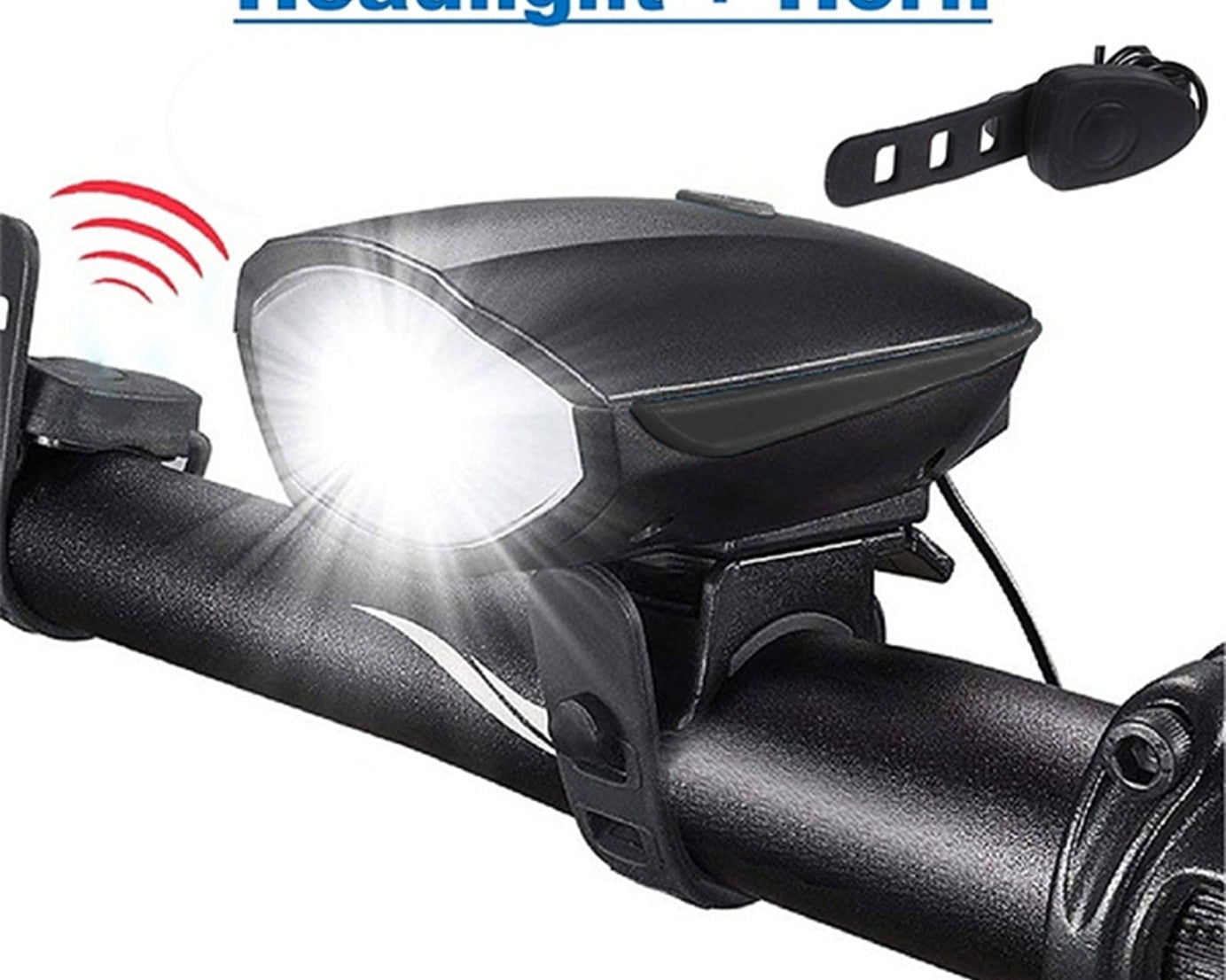 Horn with LED light on bicycle handle.