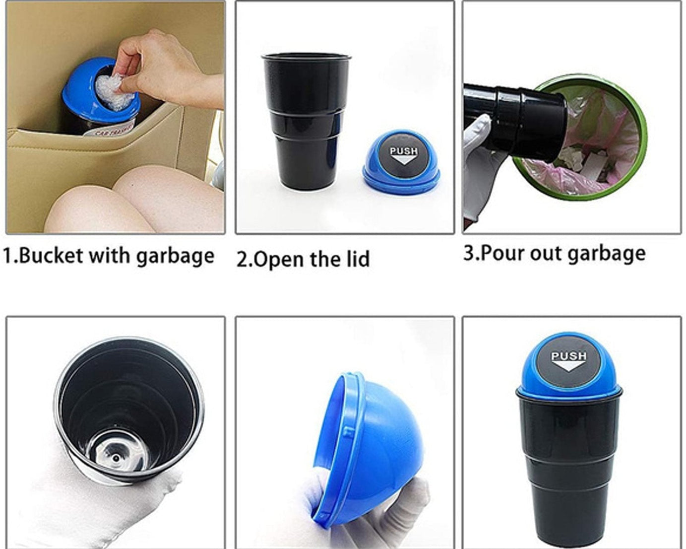 Mini dustbin for vehicle, showing different angles