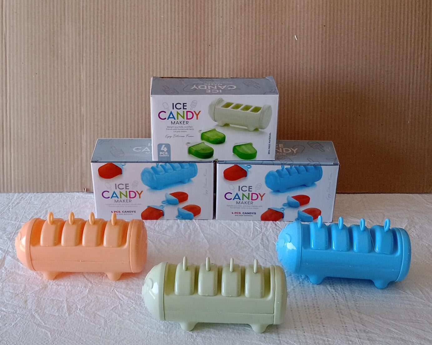 CARTOON SHAPE MOLD ICE CANDY, POPSICLE MOLD ICE, PLASTIC ICE CANDY MAKER KULFI MAKER MOLDS SET WITH 4 CUPS (1 PC / MULTICOLOR)