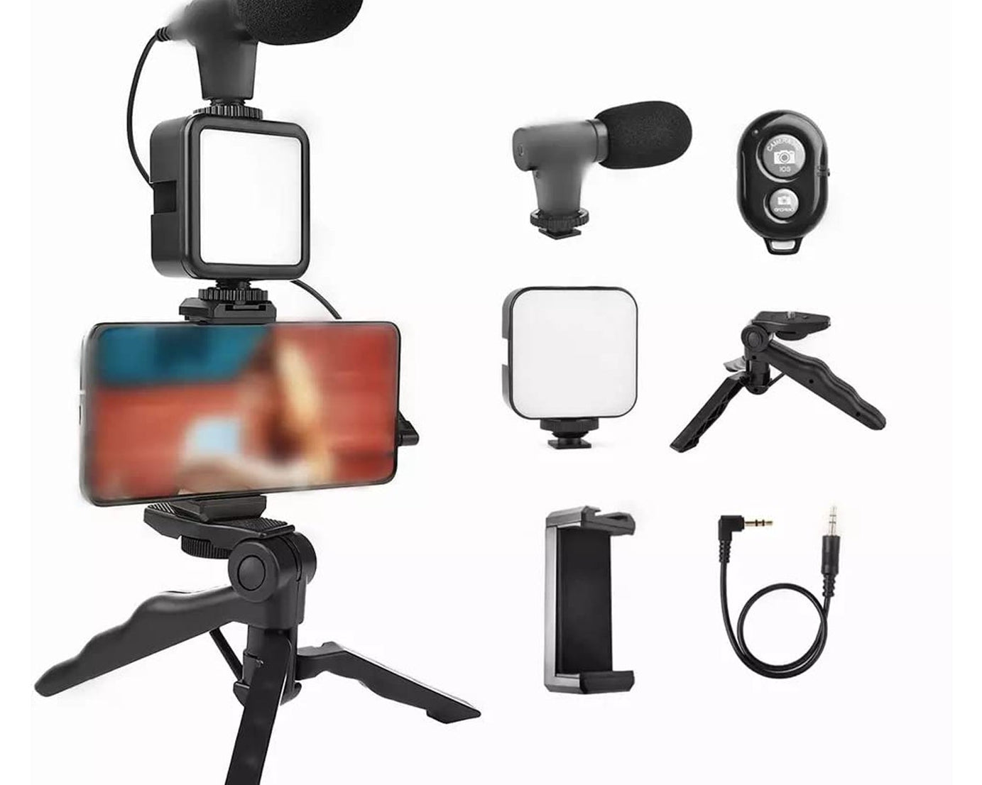 Vlogging kit showing microphone and light