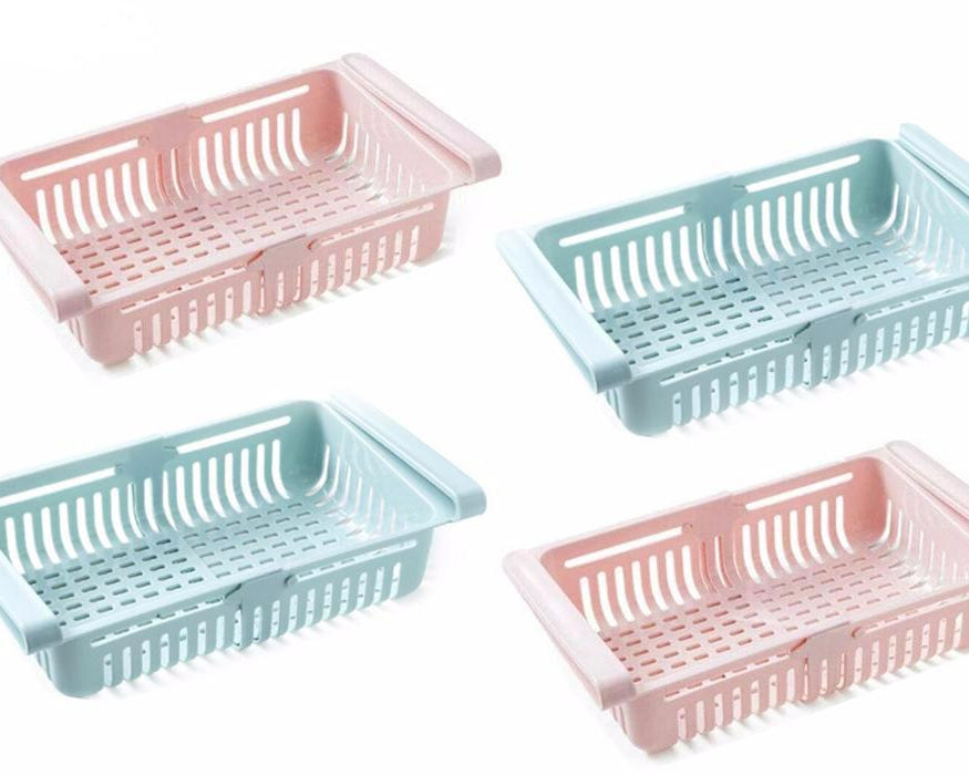 Adjustable storage baskets for fridge organization.
