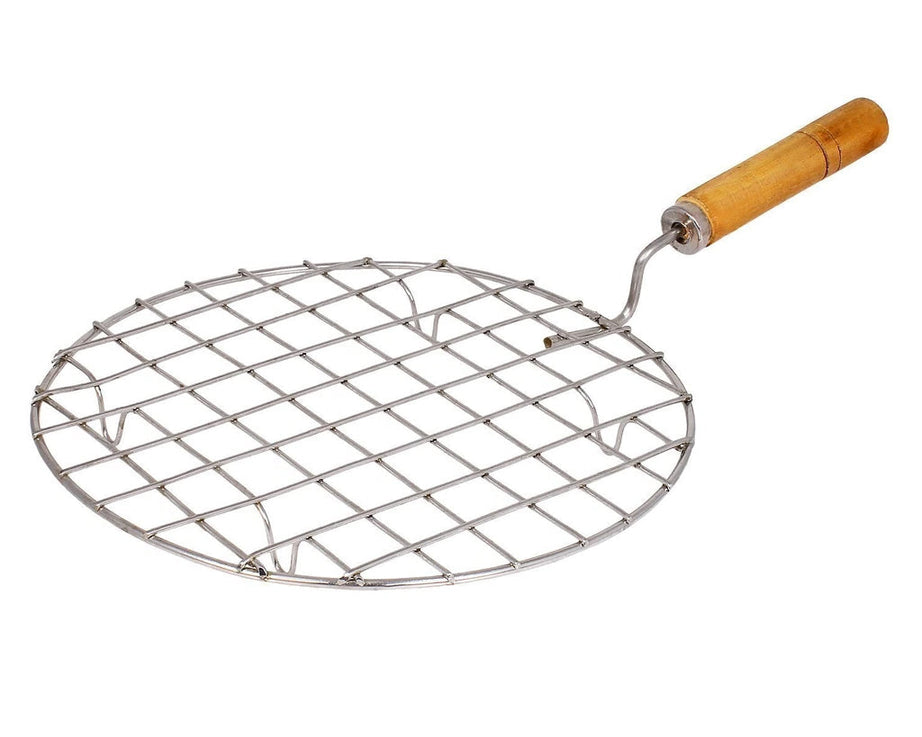 Round stainless steel barbecue grill with wooden handle.