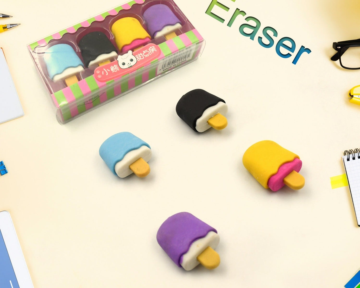 Cone / Donut / Lolipop / Ice cream / Eraser for Girls & Boys / Eraser for School B'Day Return Gift Party Doughnut Lollipop Ice Cream Theme Shape Erasers Pencils Set for Kids Educational Stationary kit, School Supplies (1 Set 4 Pc)