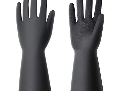 Reusable cleaning gloves made from natural gum rubber.