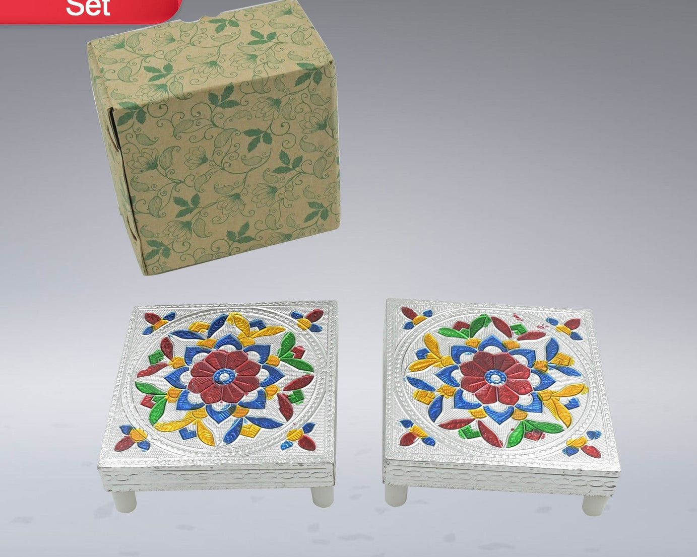 2 Pc Meenakari Wooden Chowki & Bajot Set: For Home & Office Puja (Multicolor)