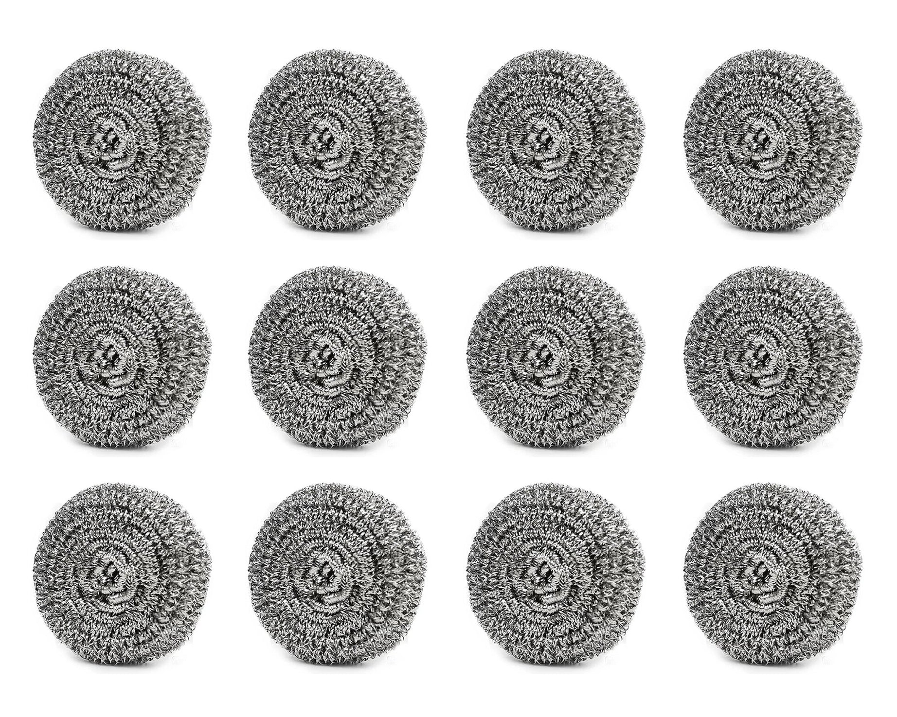 Round shape stainless steel scrubber, pack of 12, effective for cleaning.