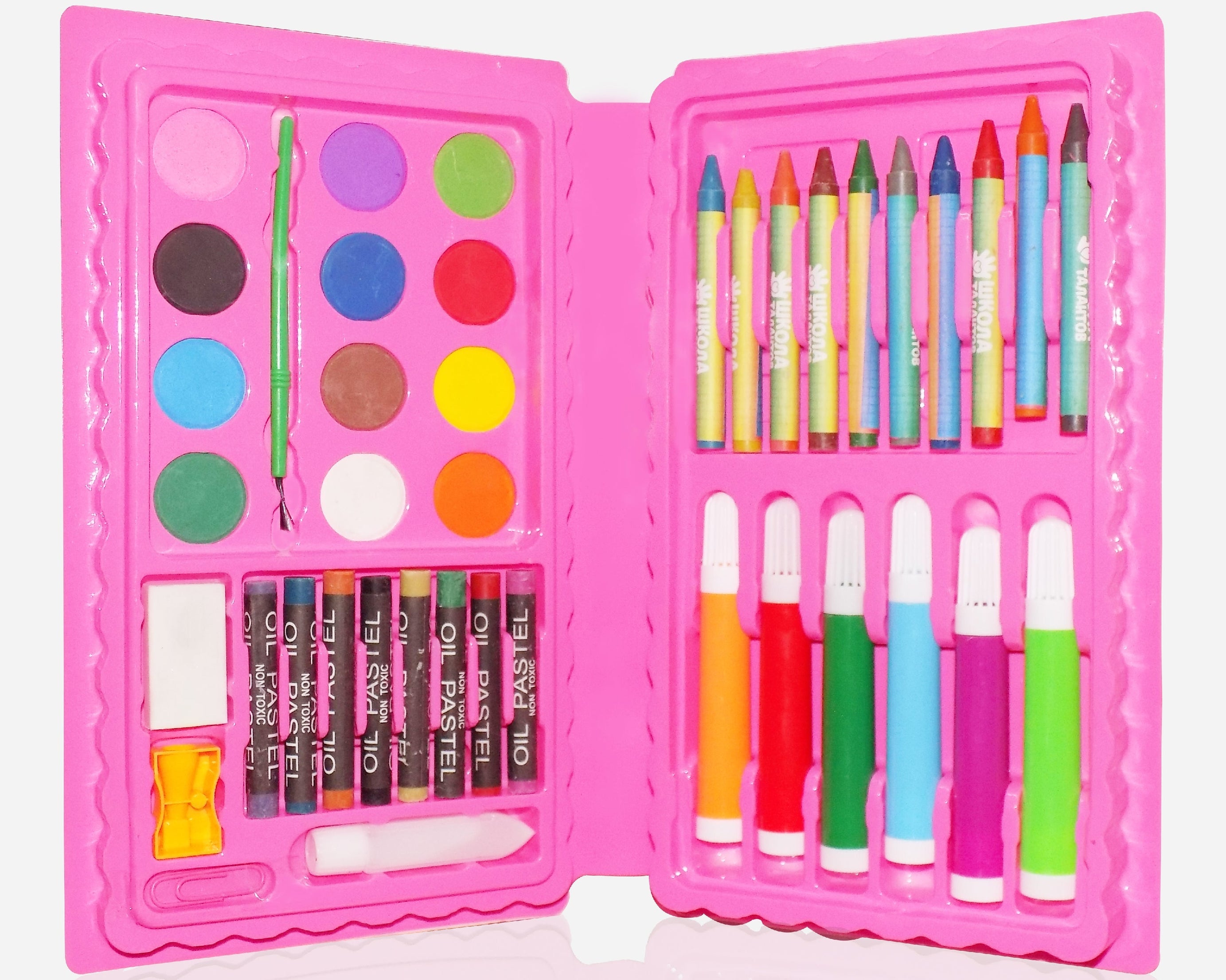 42-piece art kit including crayons, watercolor, and sketch pens.