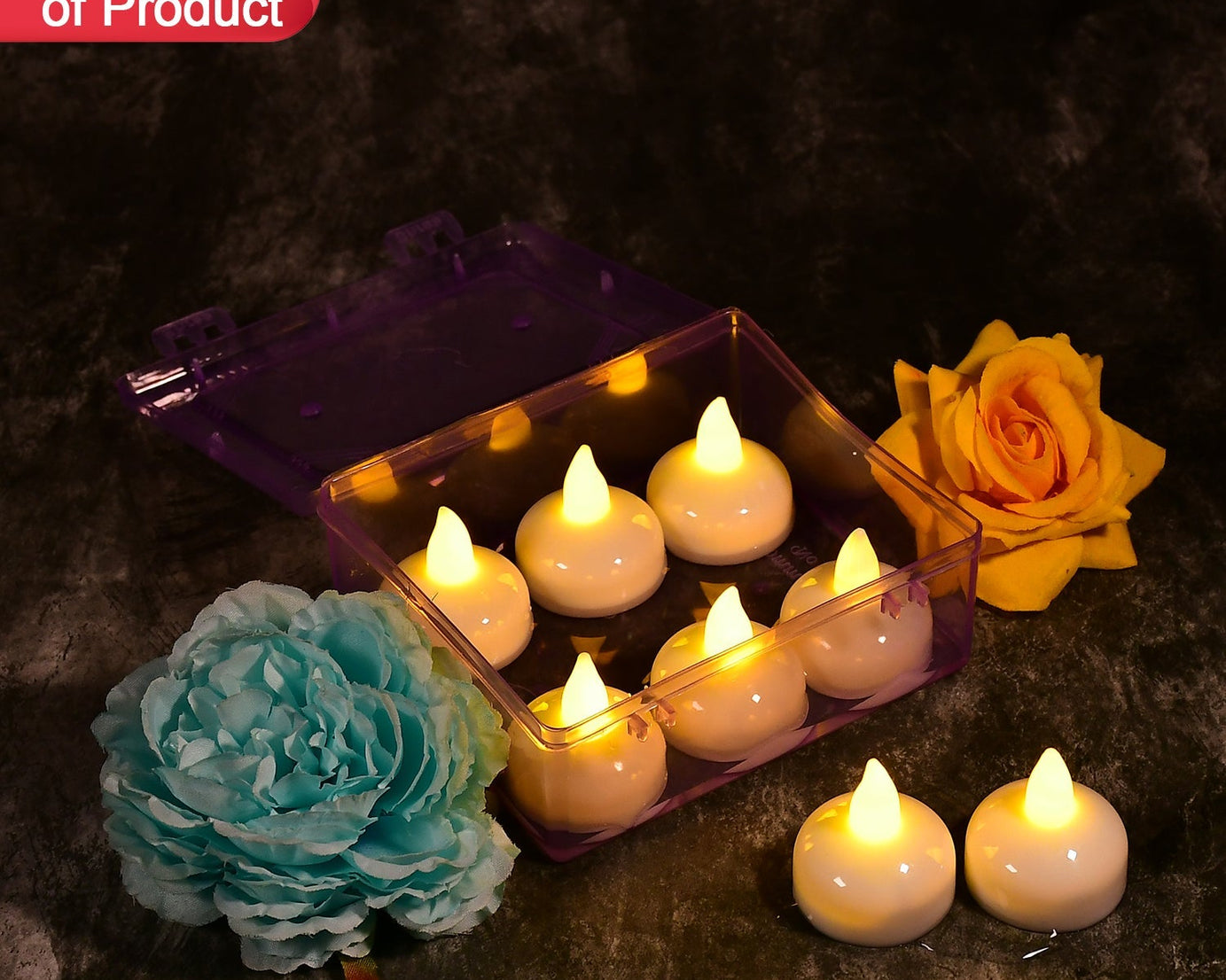Battery-operated floating tea lights in transparent box