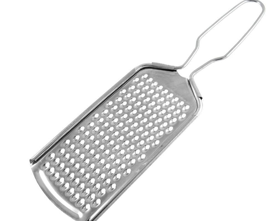 Multi-purpose zester grater with stainless steel blades for nutmeg, cheese, and citrus zesting.