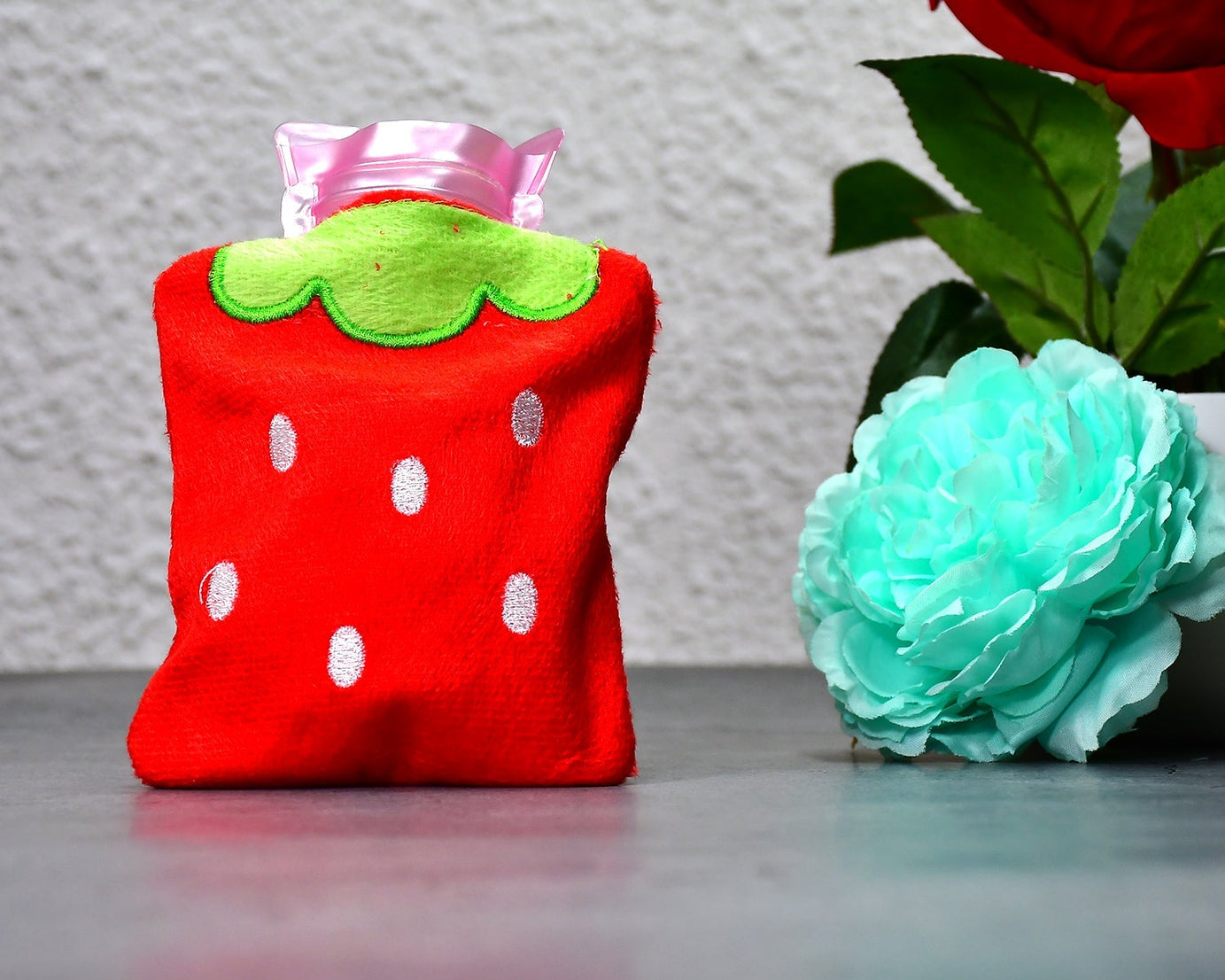 6516 Strawberry small Hot Water Bag with Cover for Pain Relief, Neck, Shoulder Pain and Hand, Feet Warmer, Menstrual Cramps.