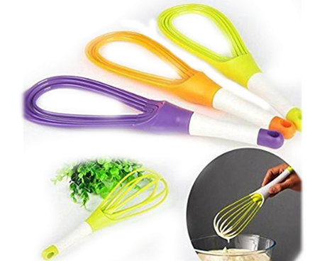 Plastic whisk mixer for various liquids, including milk, coffee, eggs, and juice.