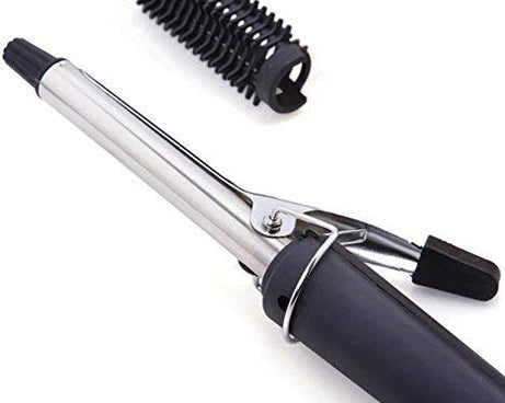Black hair curling iron rod with heat control.