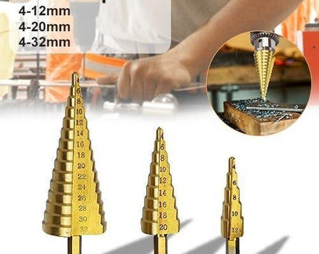 Large step cone drill bit set with HSS steel and titanium.