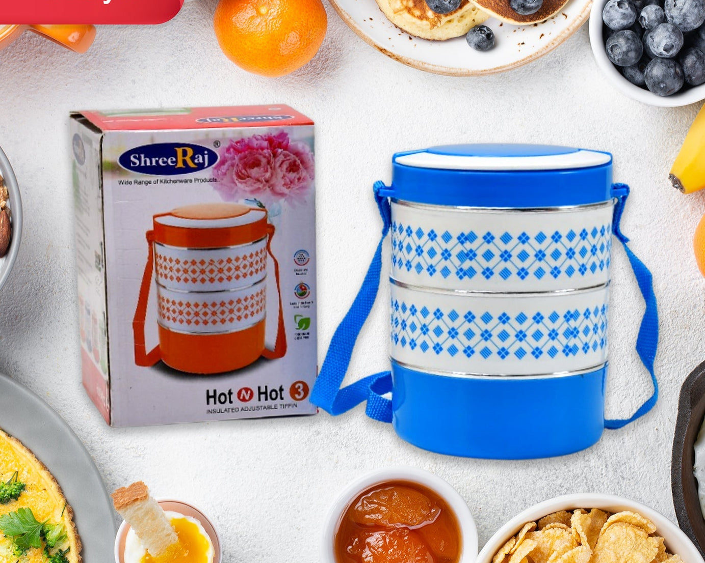 Adjustable tiffin set with 3 containers.