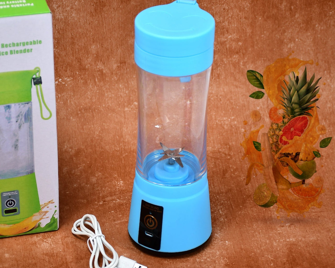 USB rechargeable fruit juice maker for smoothies and shakes.