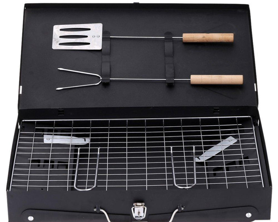 Briefcase-style barbecue grill toaster, stainless steel