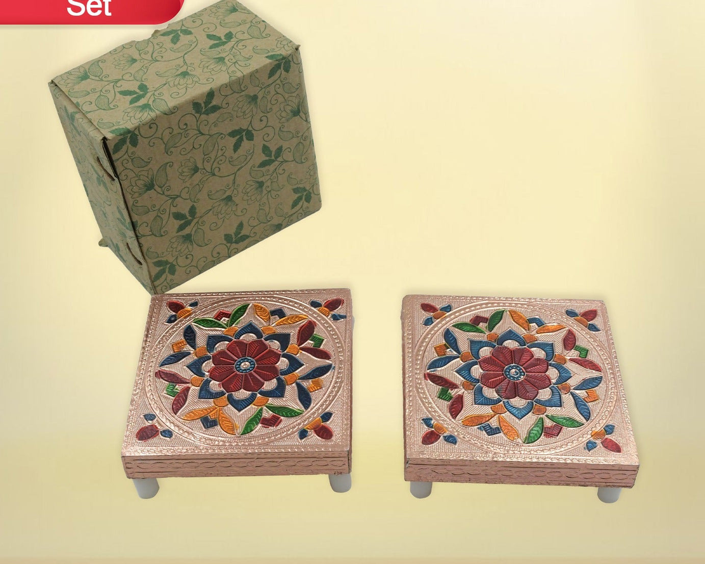 Handicraft Meenakari Wooden Chowki Puja Bajot For Home & Office Decor for Puja Multicolour (2 Pc Set)