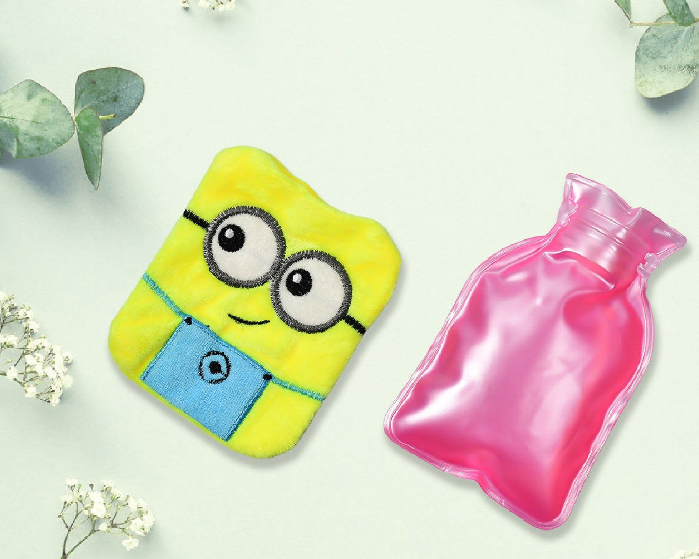 Hot water bag for neck, shoulder, and hand pain relief with a Minions design