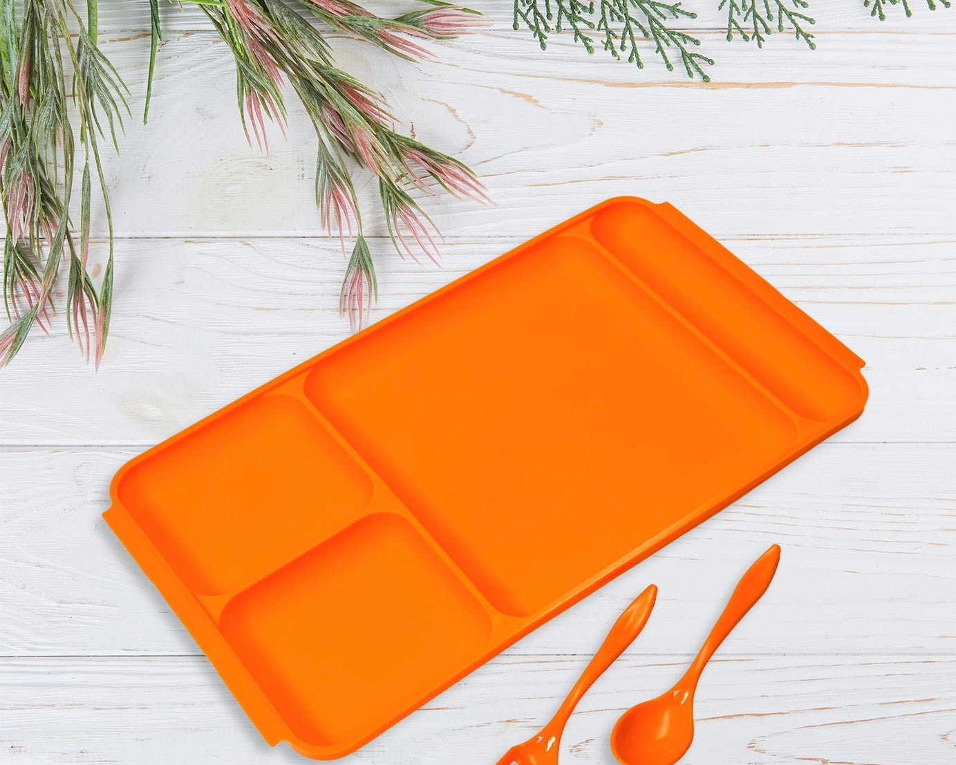 Plastic compartment plate with spoon and fork for meals