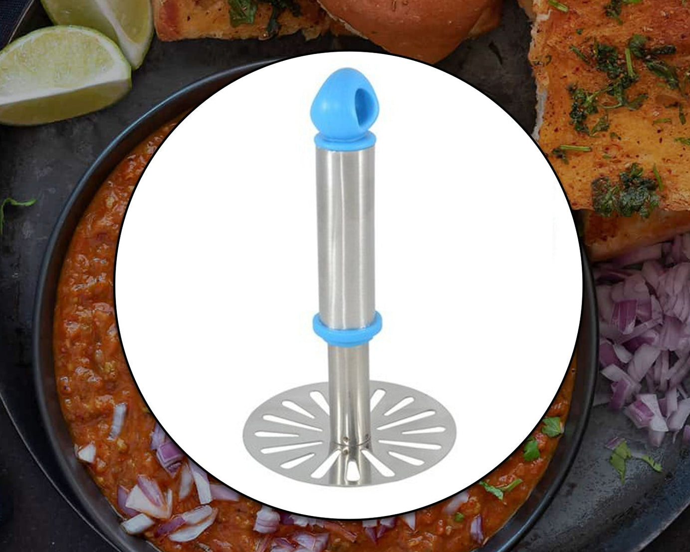 Durable stainless steel masher for mashing potatoes and making pav bhaji.