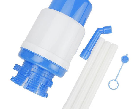 Manual water dispenser with hand press pump for bottled water.