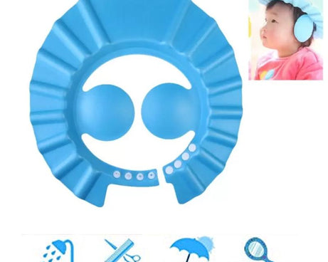 Adjustable baby shower cap for safe bathing.