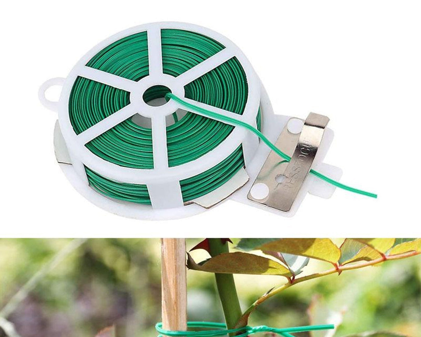 Green plastic twist tie spool for garden plants with attached cutter.